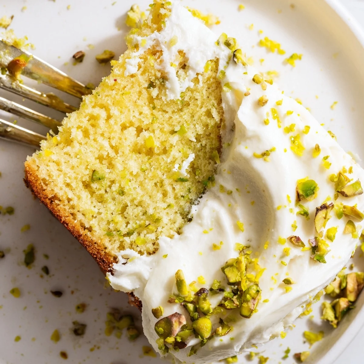 Elegant lemon pistachio cake with smooth mascarpone frosting garnished with chopped pistachios and fresh lemon zest