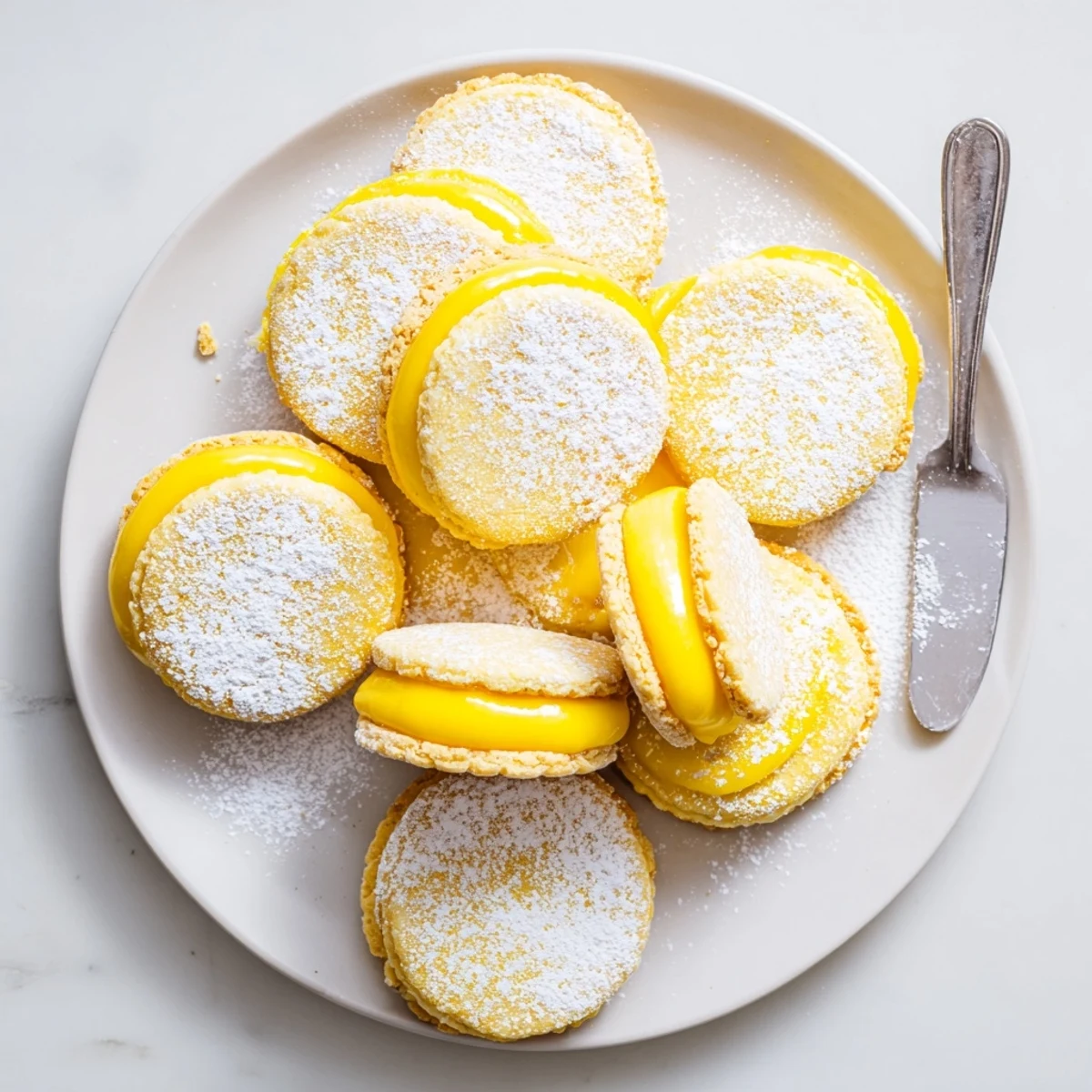 Golden lemon sandwich cookies filled with bright yellow homemade vegan lemon curd on a white plate