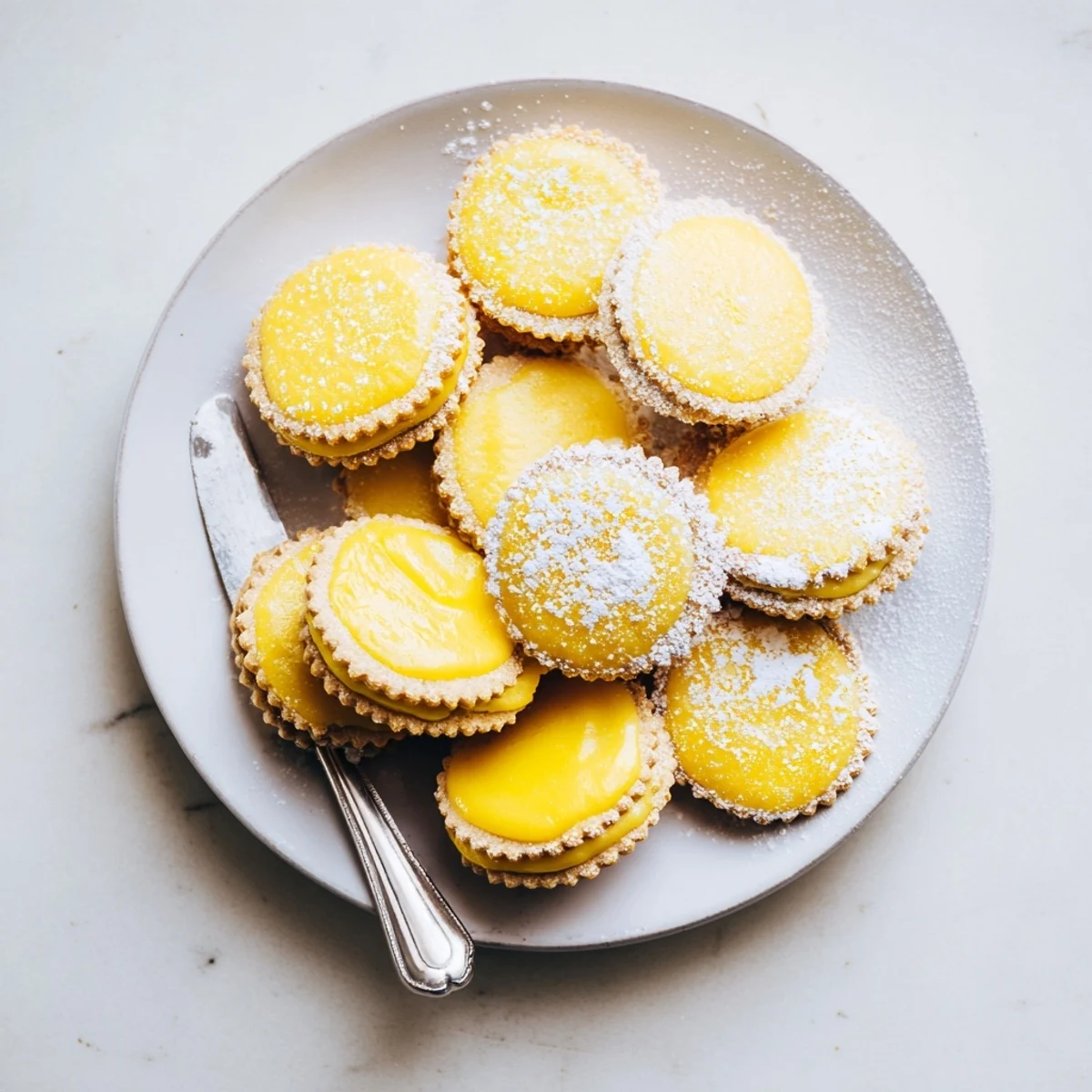 Delicate gluten-free lemon sandwich cookies showcasing creamy vegan curd filling between two crisp rounds