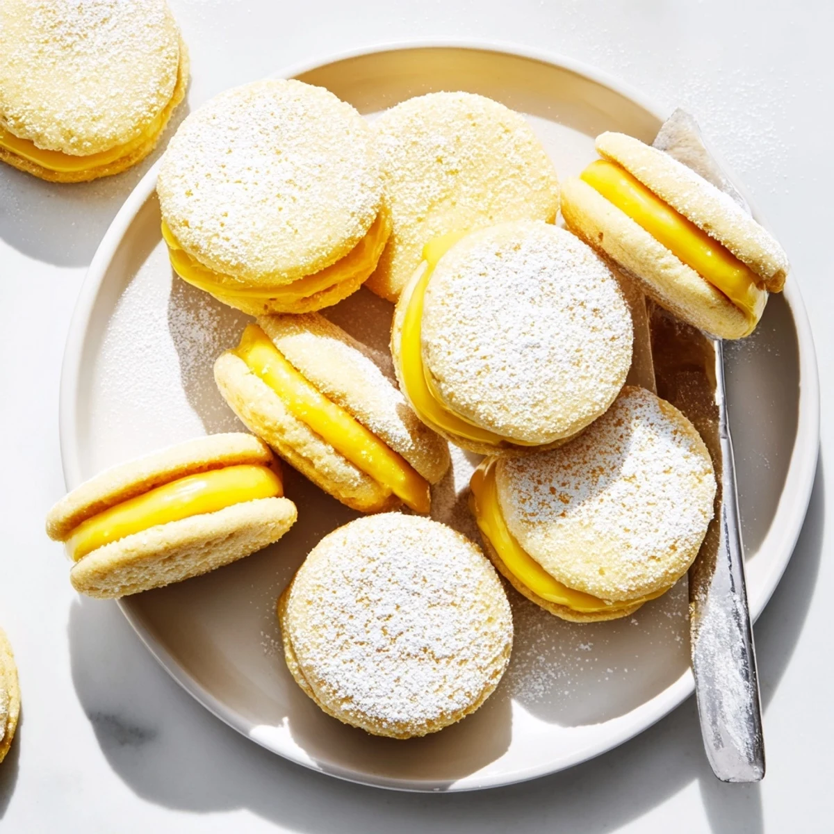 Stack of vegan lemon sandwich cookies with tangy curd filling dusted with powdered sugar