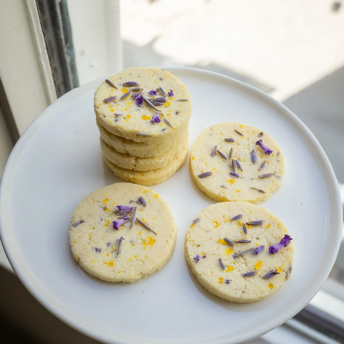 Golden lemon lavender cookies cooling on a wire rack with visible purple buds and bright yellow zest specks