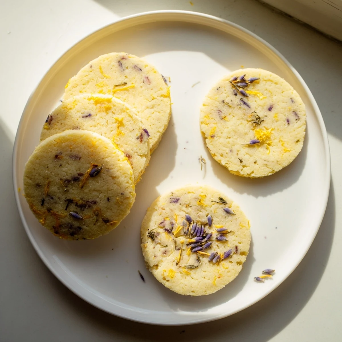 A plate of soft buttery lemon lavender cookies garnished with extra culinary lavender flowers and fresh lemon zest