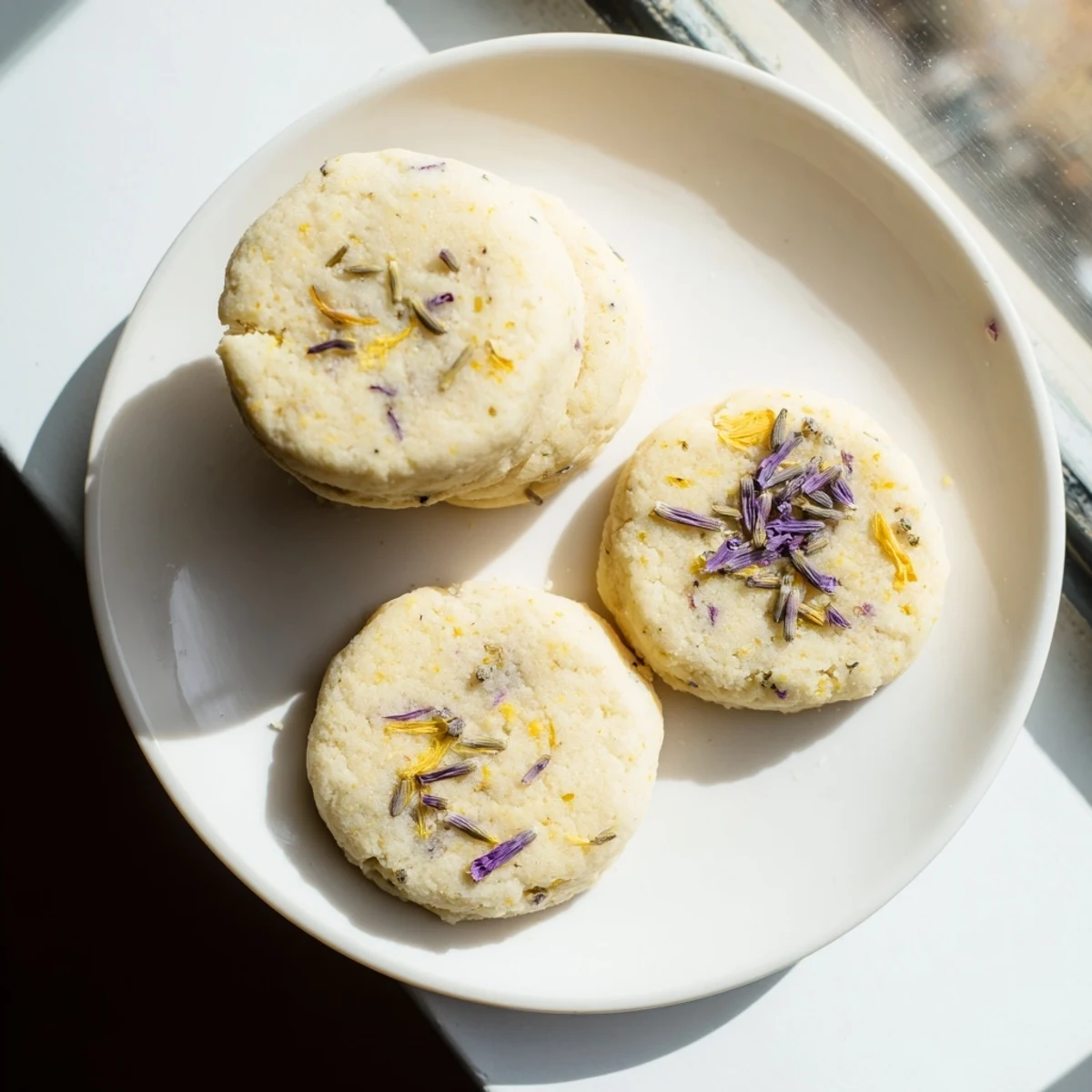 Close-up of delicate lemon lavender cookies with lightly golden edges and fragrant herb flecks on a rustic wooden board