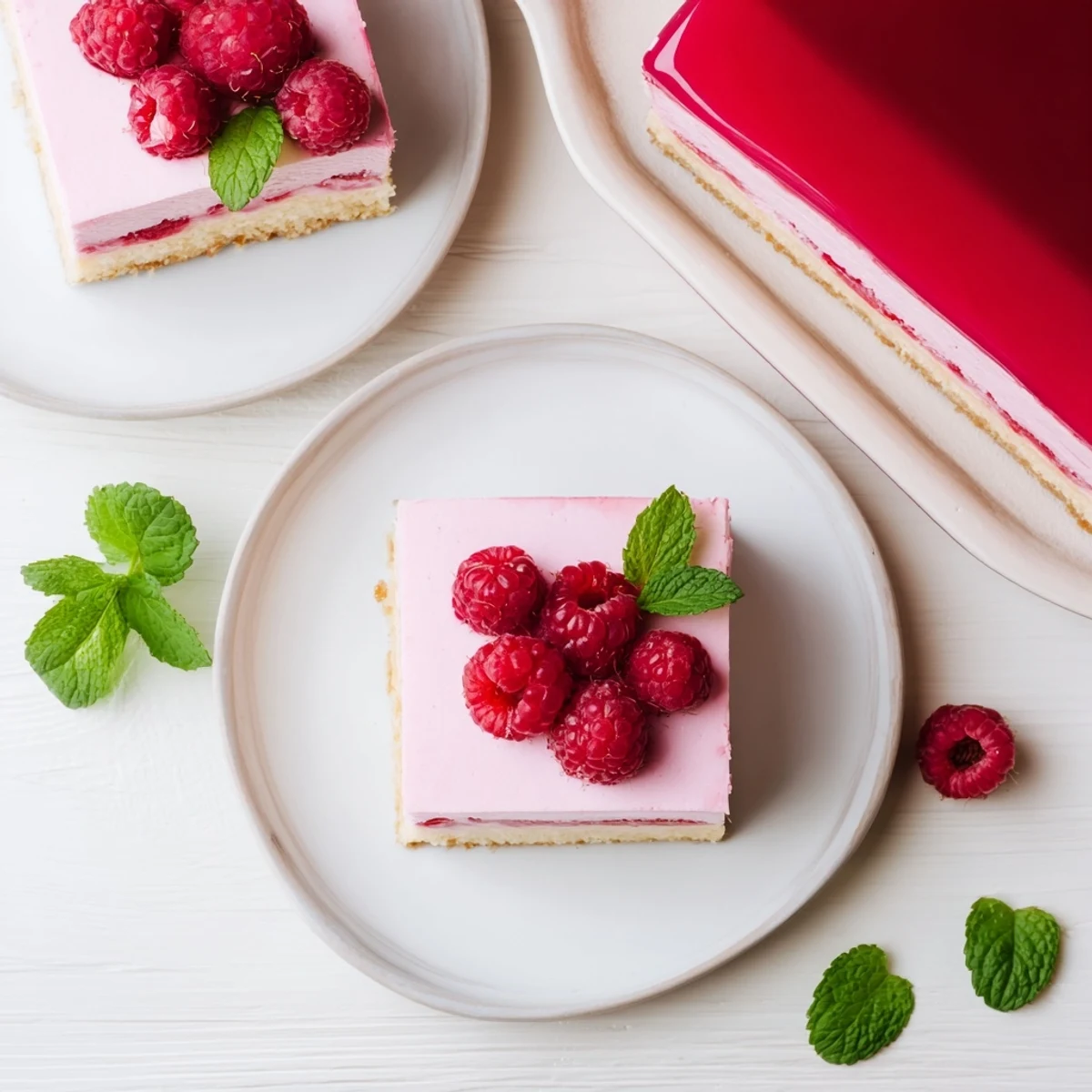 Elegant raspberry mousse cake with moist almond sponge base and glossy pink glaze topped with fresh berries