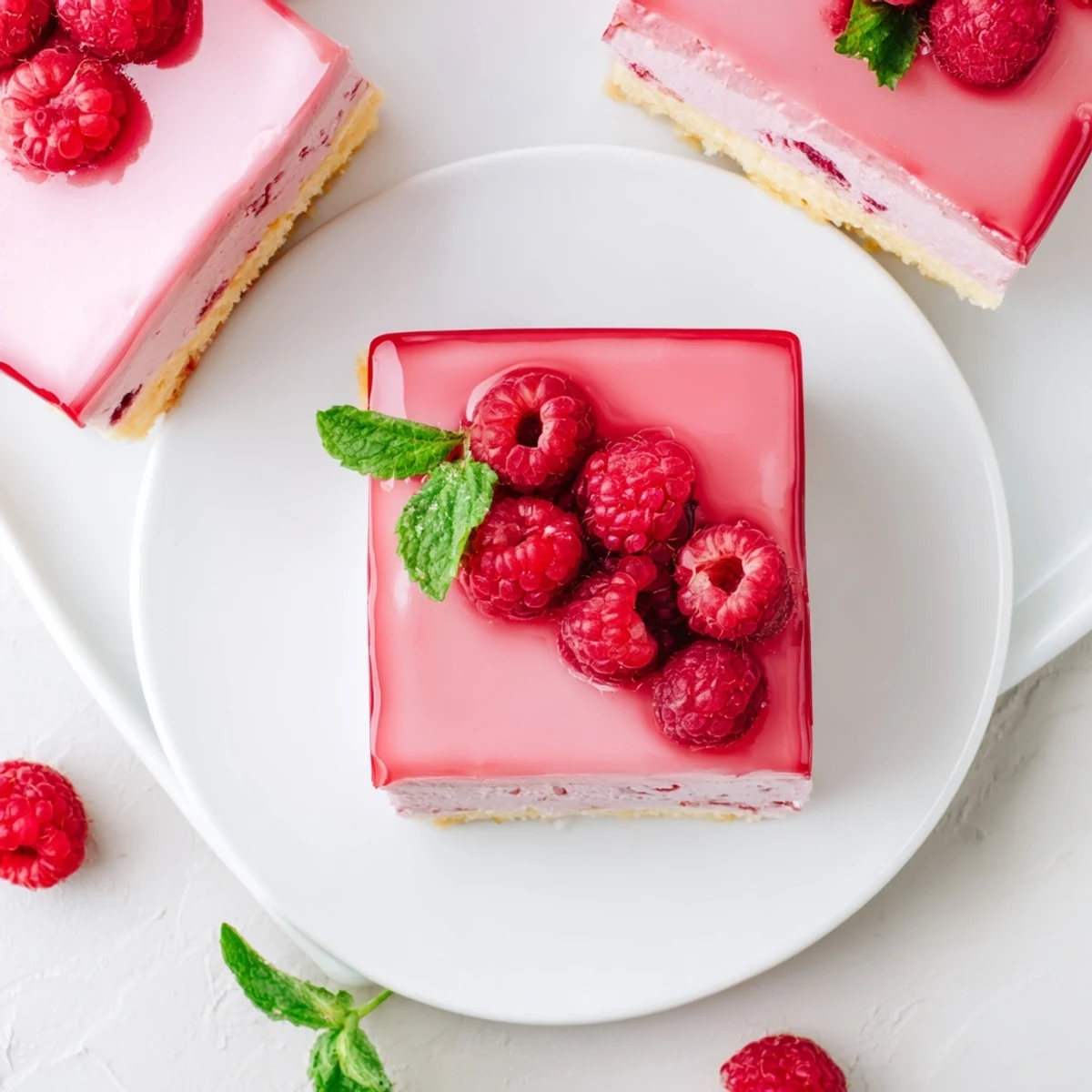 Pink glazed raspberry mousse cake slice revealing airy texture on light almond sponge with raspberry topping