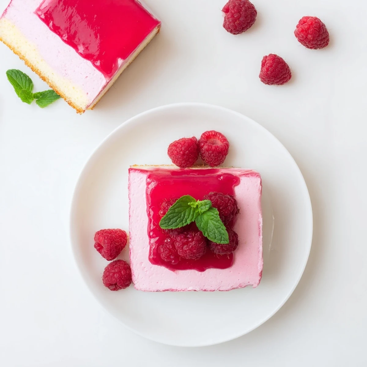 Layered raspberry mousse cake featuring fluffy almond sponge topped with vibrant pink raspberry glaze and garnish