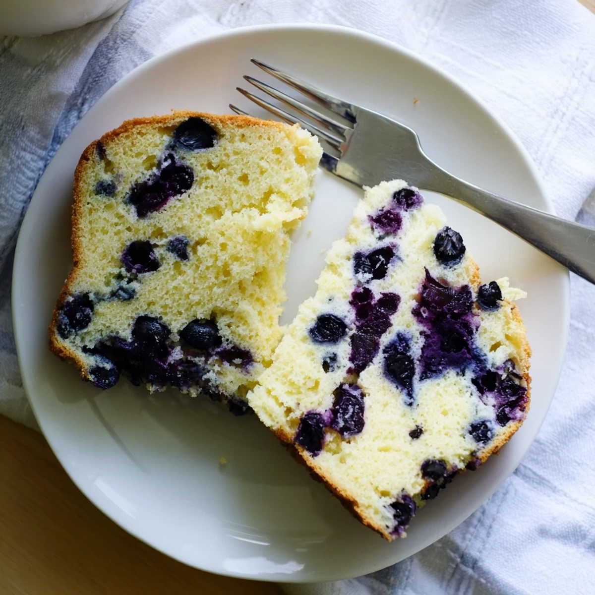 Fluffy blueberry chiffon cake with fresh berries baked into a golden tall slice