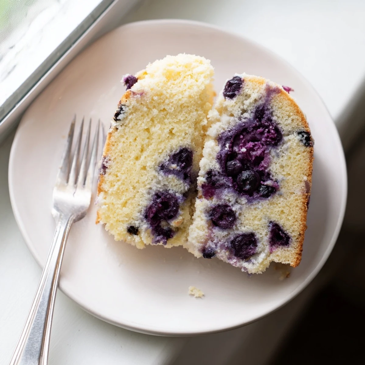 Airy blueberry chiffon cake slice topped with whipped cream and lemon zest garnish