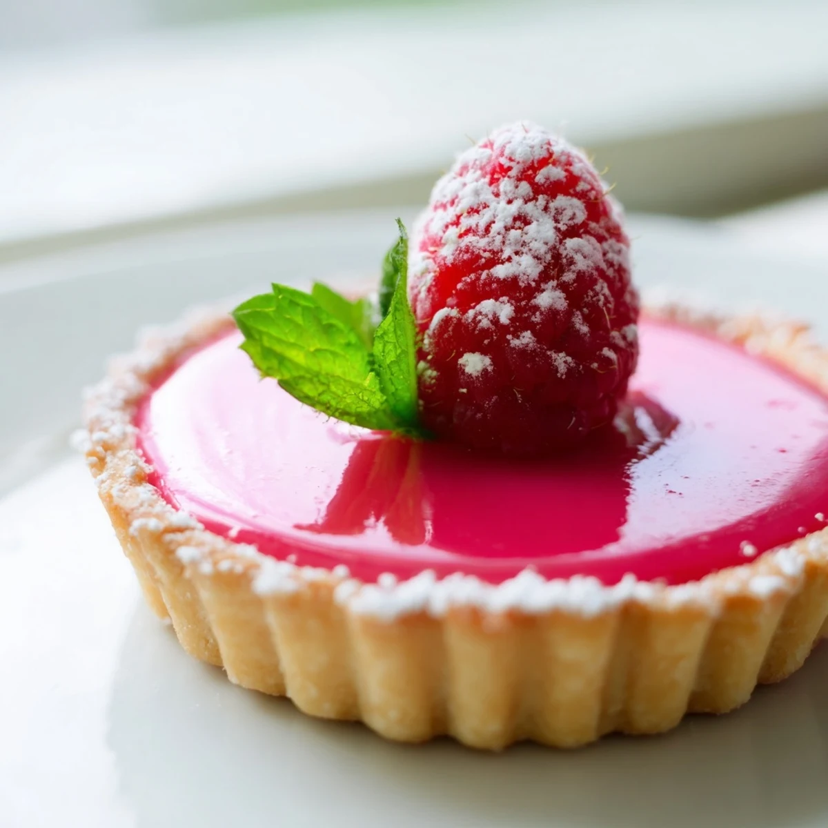 Golden vegan raspberry curd tarts with smooth pink filling in crisp pastry shells