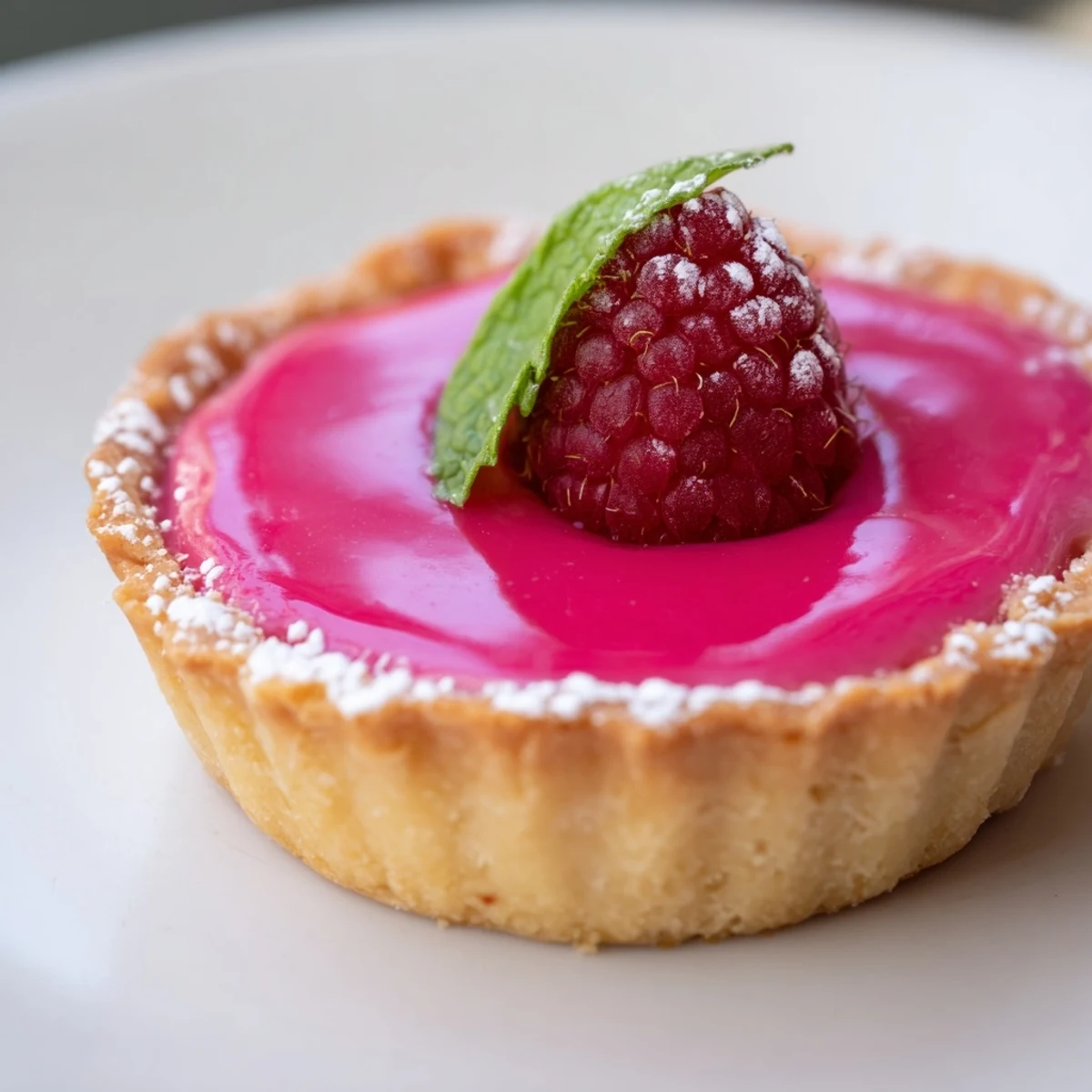 Vegan raspberry curd tarts featuring vibrant berry filling in flaky golden tart crusts