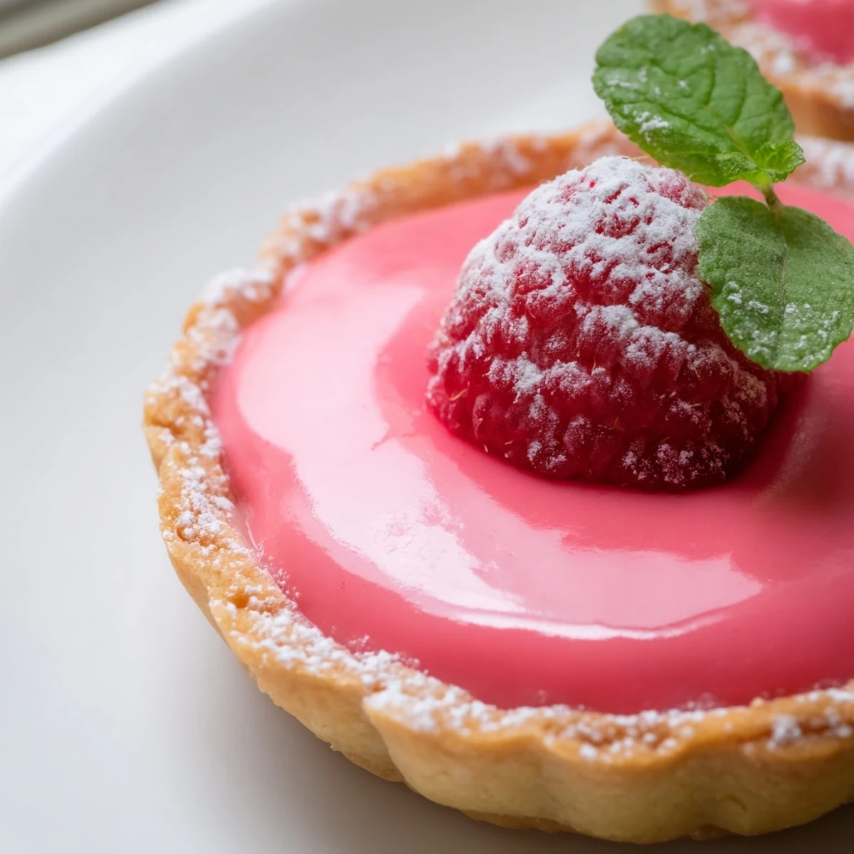 Silky plant-based raspberry curd tarts garnished with fresh berries and mint leaves
