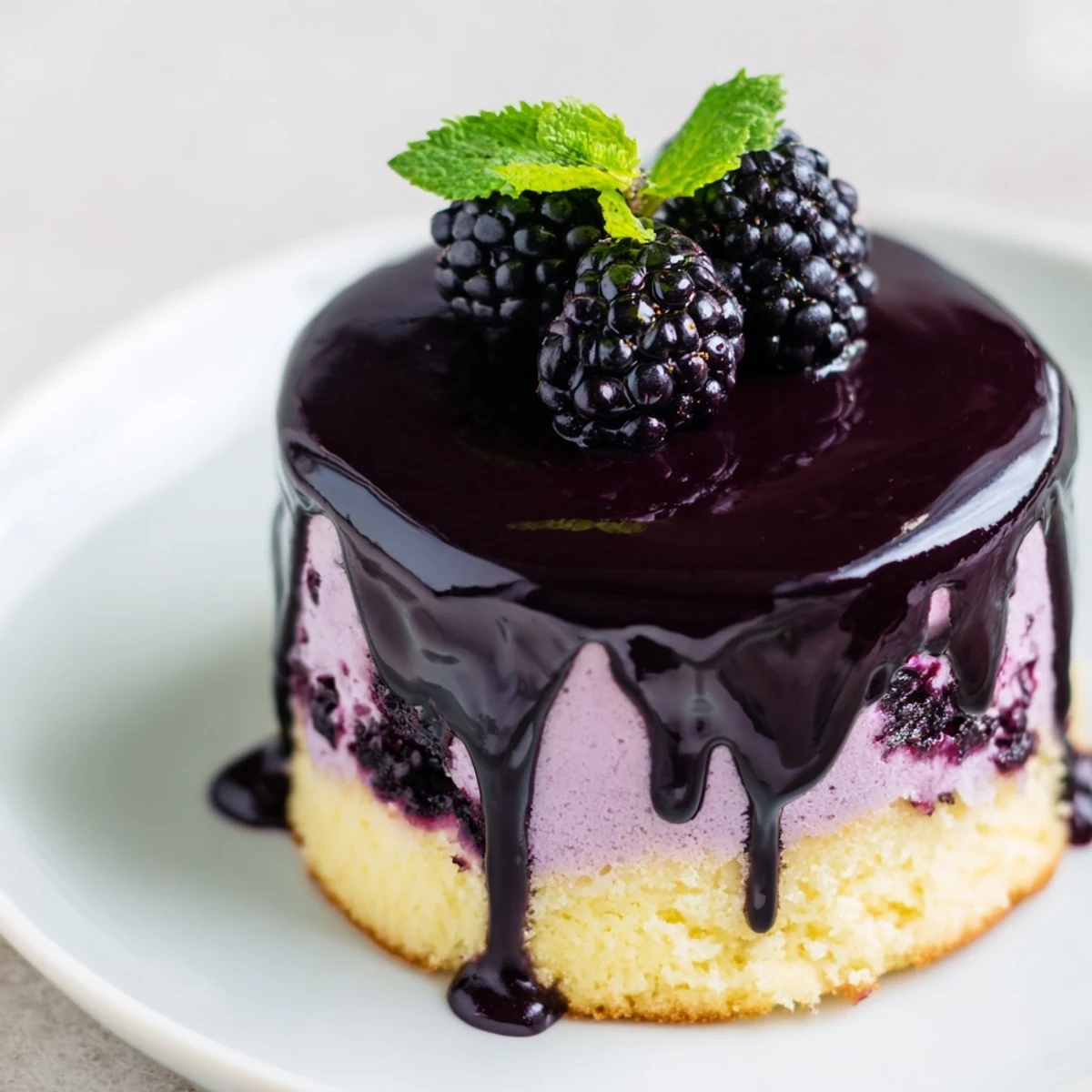 Elegant individual blackberry mousse cakes with airy texture on tender sponge base
