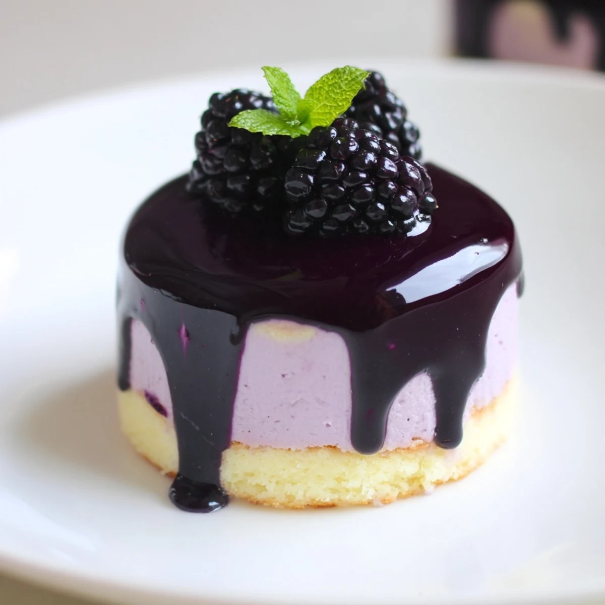 Miniature blackberry mousse cakes garnished with mint and glistening fruit glaze