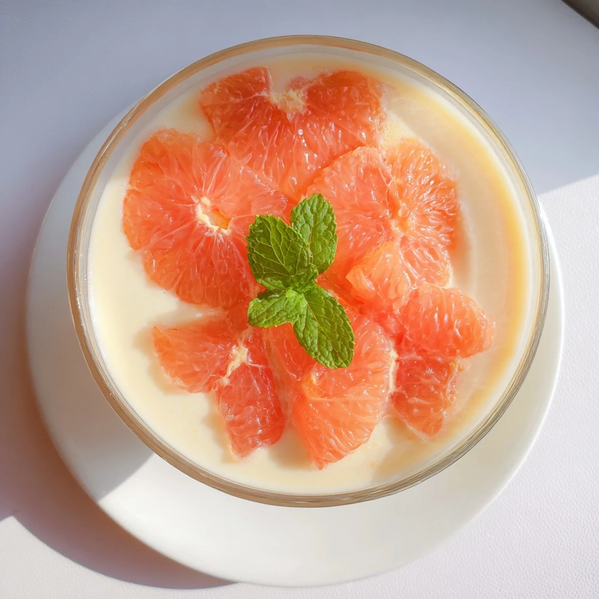Silky grapefruit panna cotta topped with fresh citrus segments and mint in glass ramekins