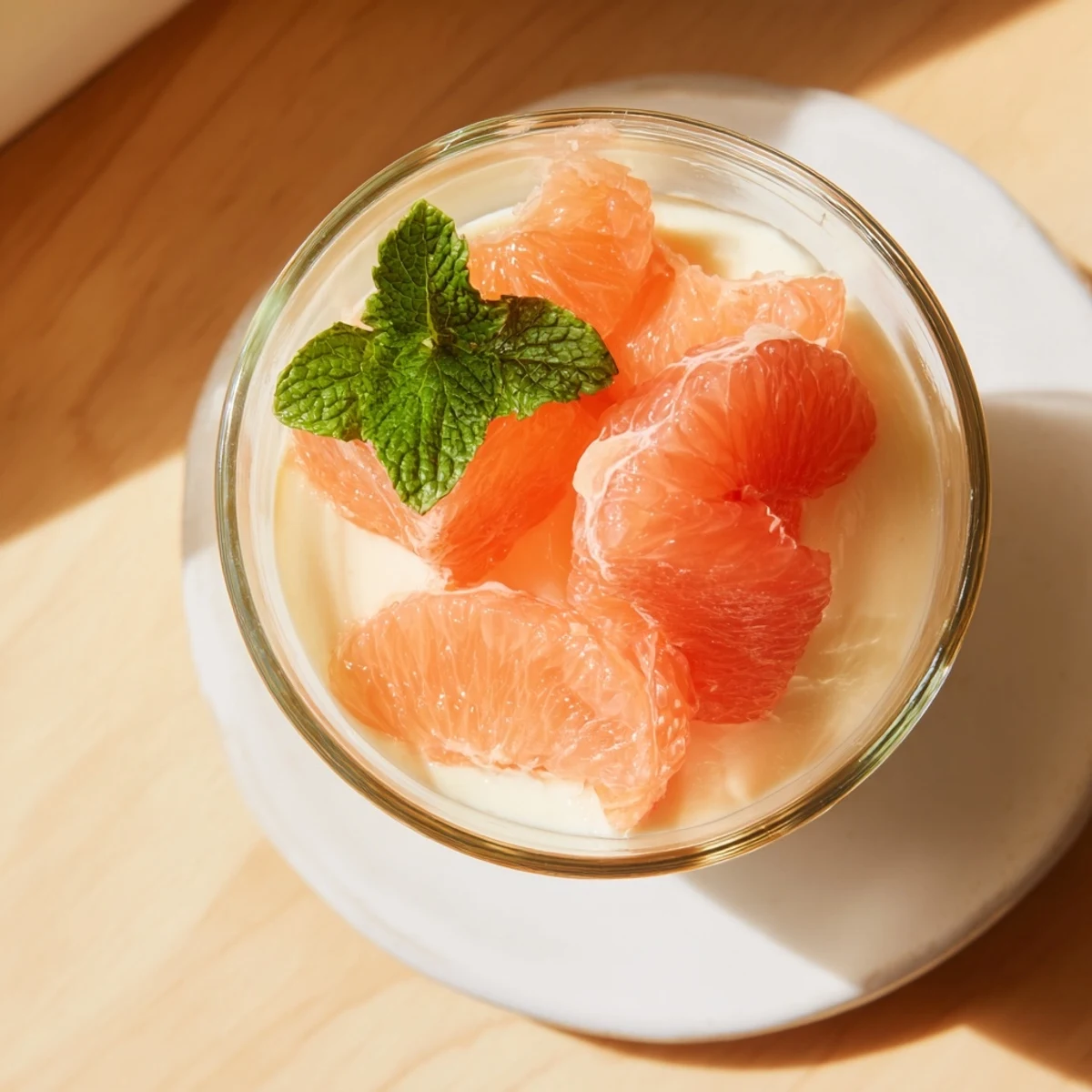 Creamy Italian grapefruit panna cotta dessert garnished with bright grapefruit wedges on white plate