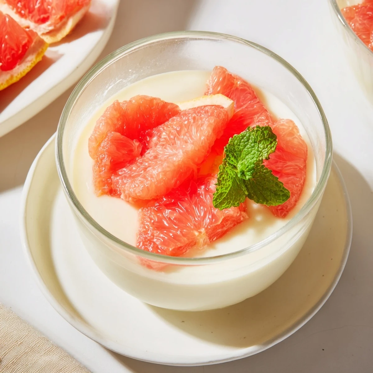 Elegant grapefruit panna cotta set in clear serving glasses with vibrant citrus topping