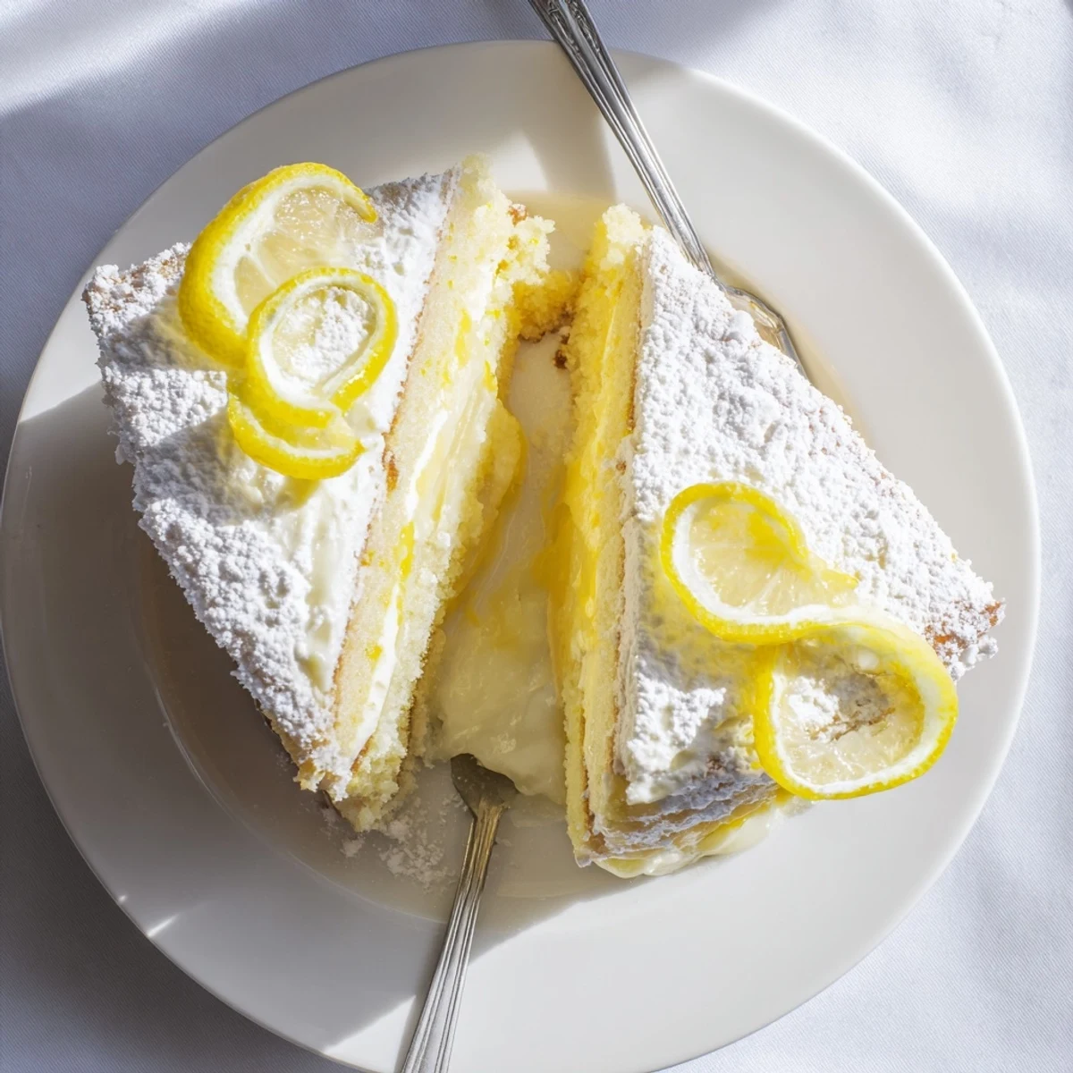 Golden slice of Italian Grandmas Lemon Custard Cake revealing creamy lemon filling between light fluffy cake layers dusted with powdered sugar