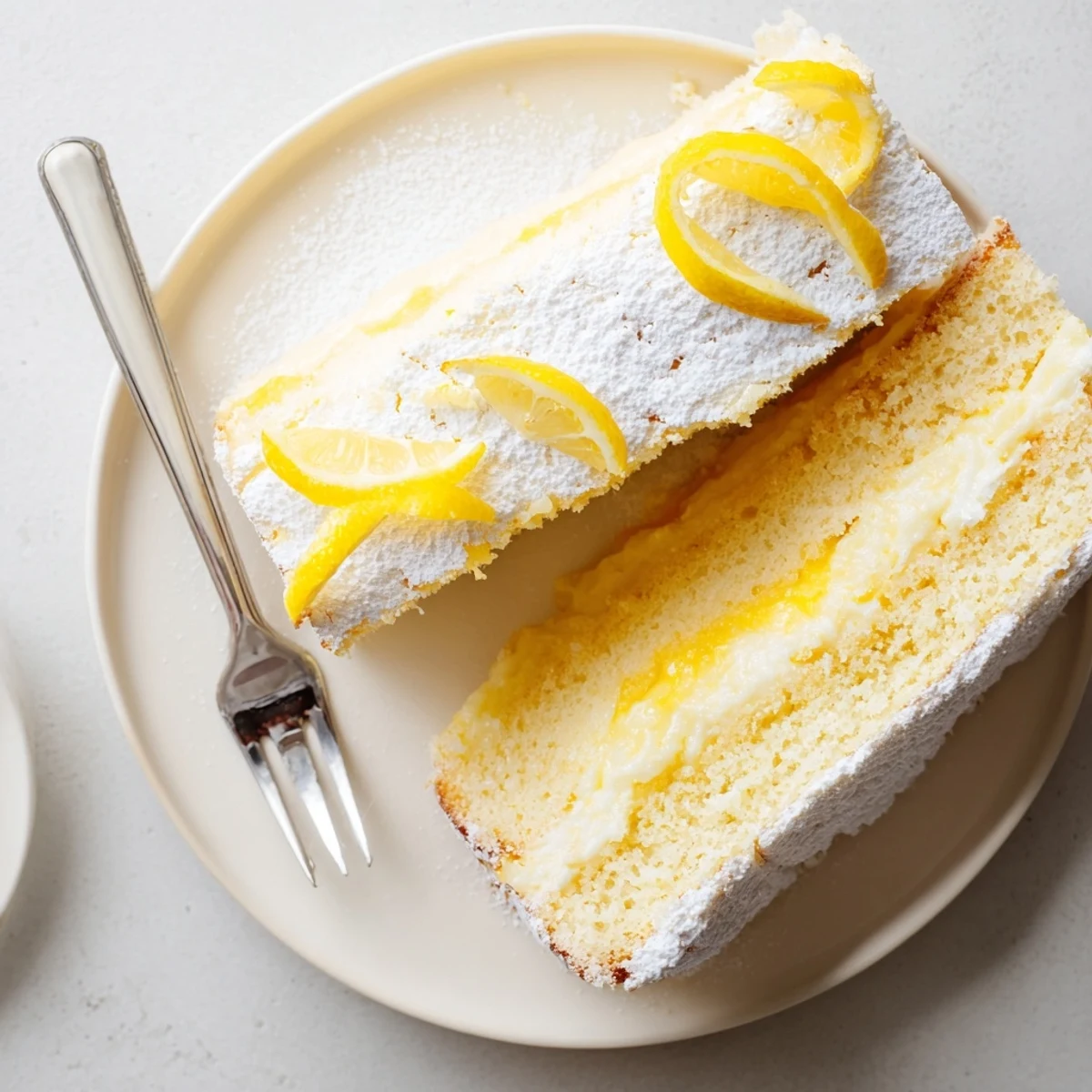 Traditional Italian Grandmas Lemon Custard Cake served on white plate with fresh lemon curl garnish and smooth silky custard center