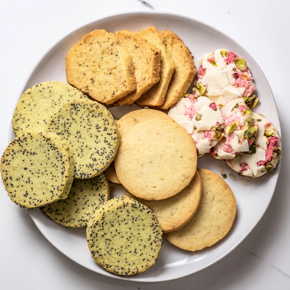 Colorful spring cookie collection featuring lemon poppy seed, matcha almond, and strawberry white chocolate varieties arranged on a wooden board.