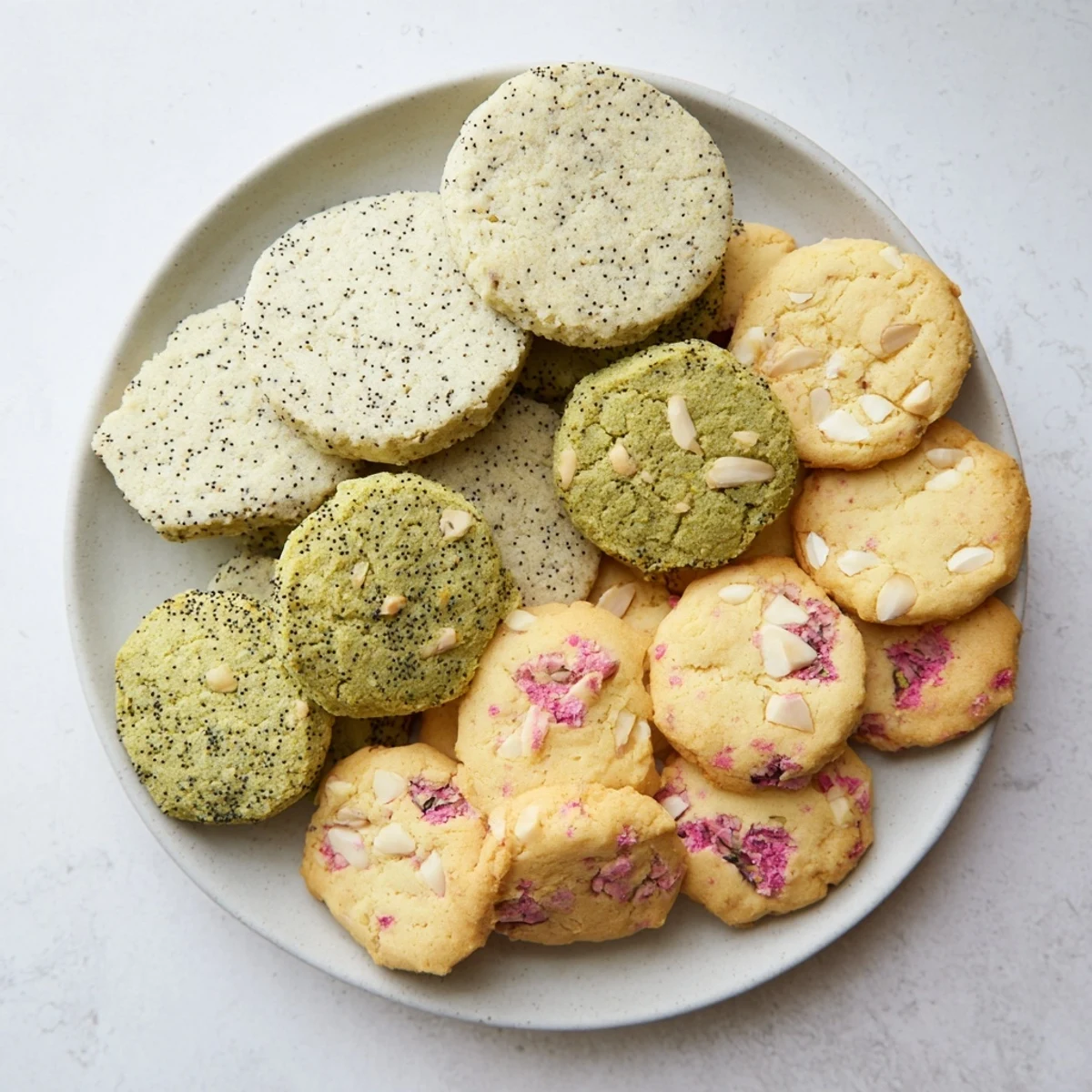 Assortment of three fresh-baked spring cookie recipes with vibrant lemon, green matcha, and pink strawberry flavors perfect for Easter dessert platters.