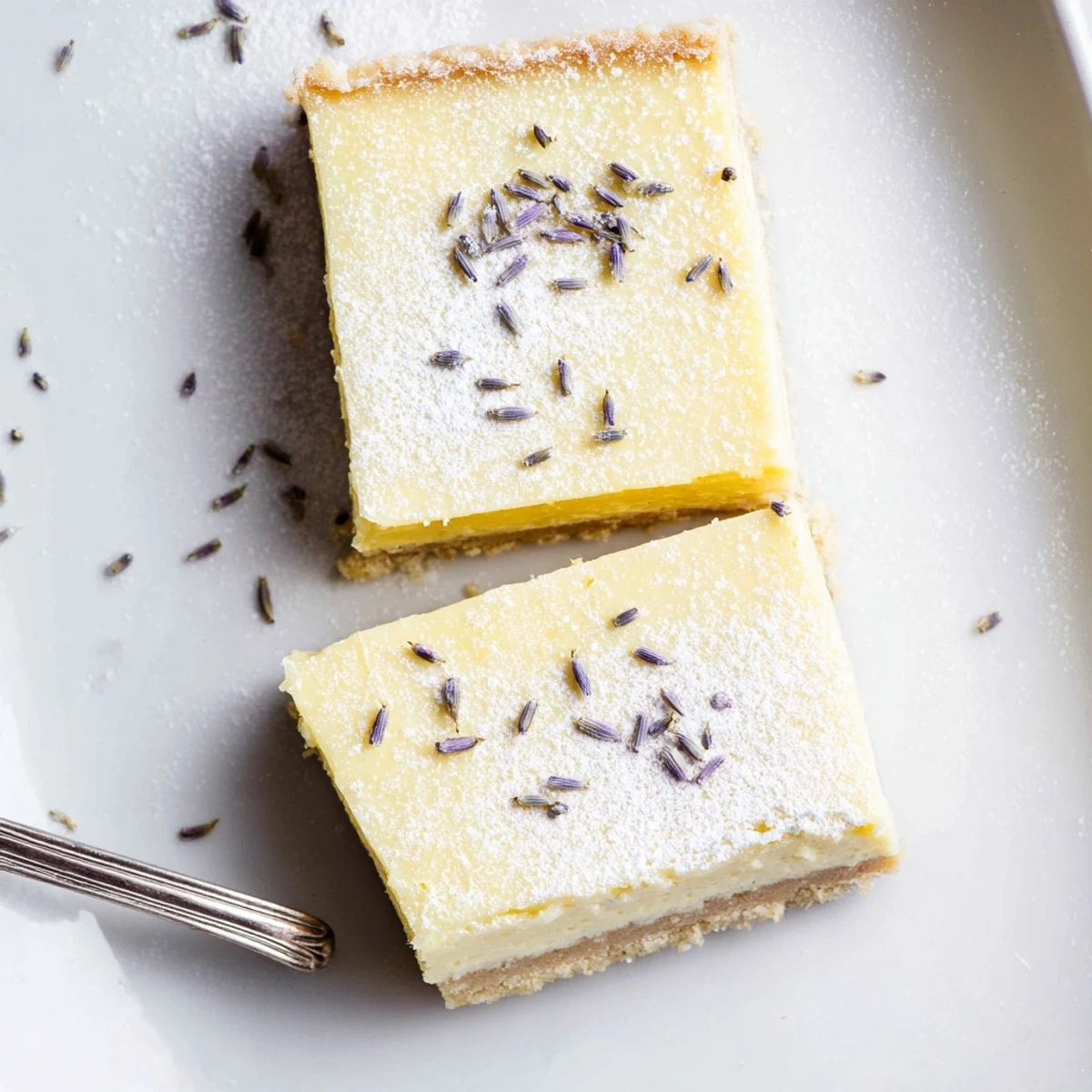 Golden lavender lemon cream bars with powdered sugar dusting on a white plate
