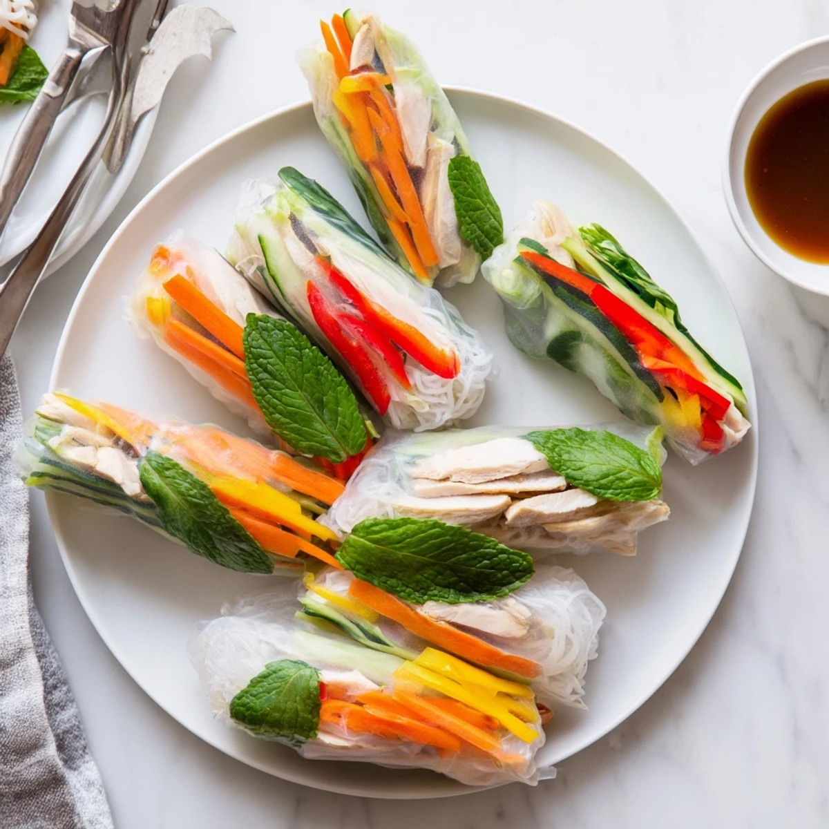 Light chicken veggie spring rolls featuring tender chicken, crisp vegetables, and fresh herbs wrapped in translucent rice paper