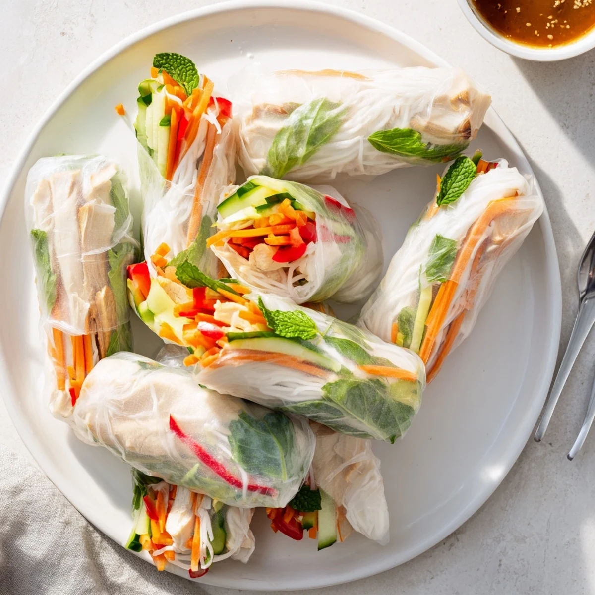 Fresh light chicken veggie spring rolls arranged on a white plate with savory soy ginger sauce for dipping