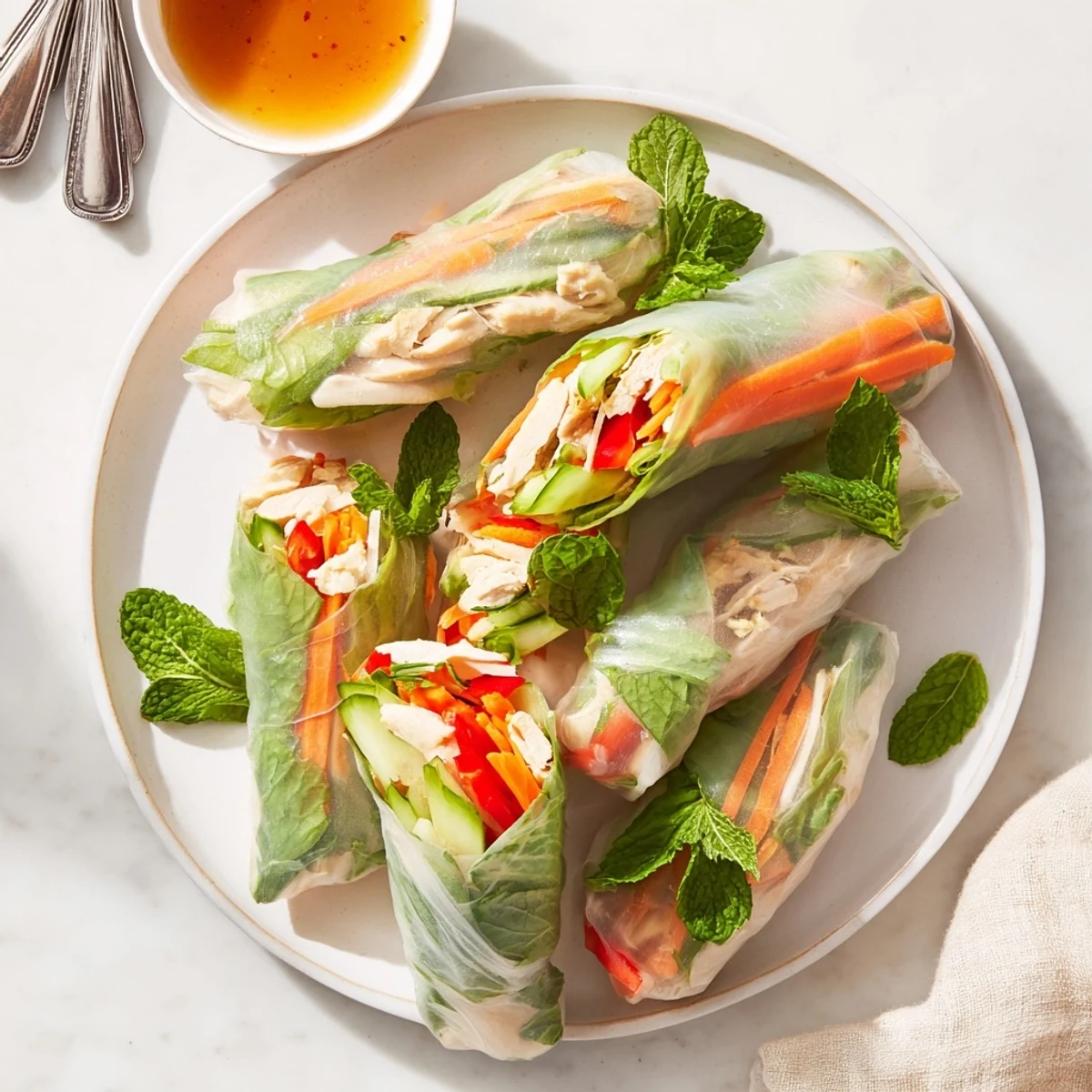 Homemade light chicken veggie spring rolls with colorful julienned carrots, cucumbers, and bell peppers served alongside zesty dipping sauce