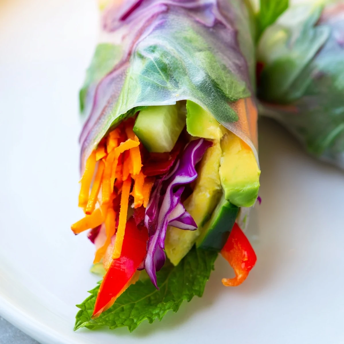 Fresh spring rolls featuring translucent rice paper filled with colorful julienned vegetables and fragrant herbs close-up