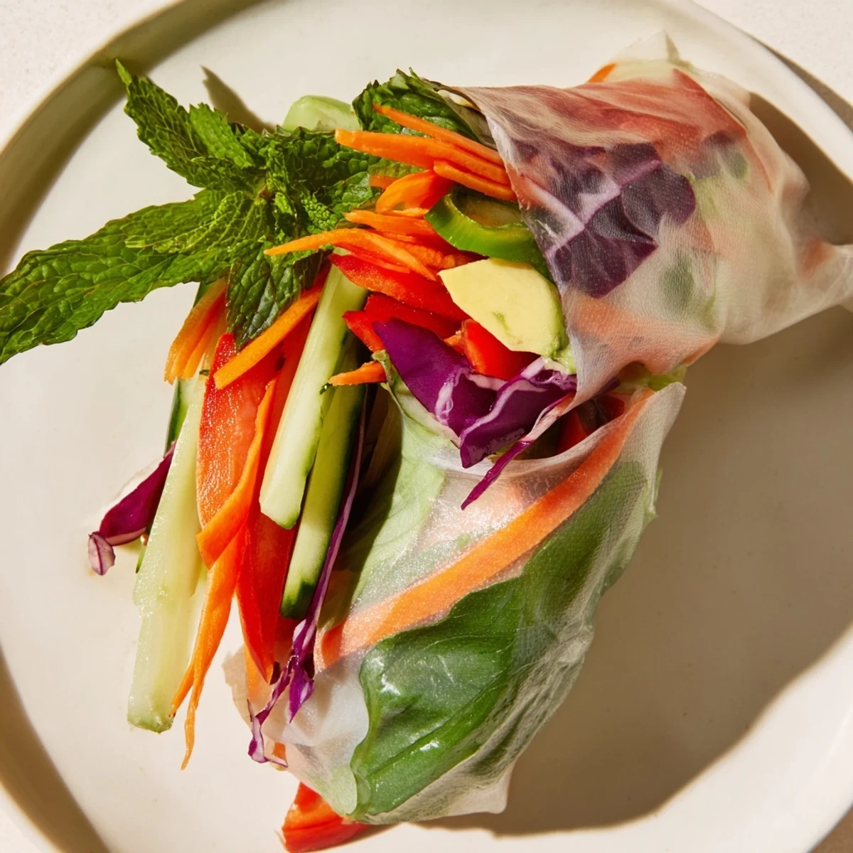 Homemade fresh spring rolls showcasing crisp carrot cucumber lettuce and mint visible through clear rice wrappers