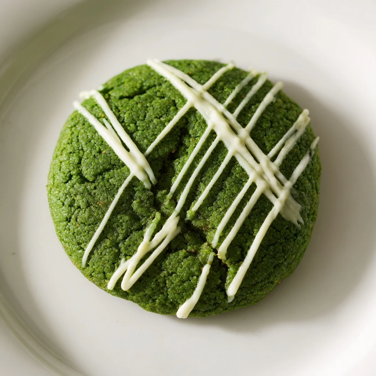 Soft green velvet cookies drizzled with melted white chocolate on a wire cooling rack