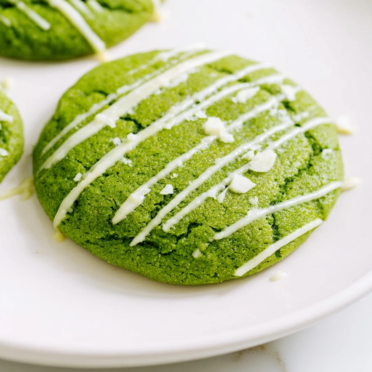 Vibrant green cookies topped with sweet white chocolate swirls arranged on a white plate