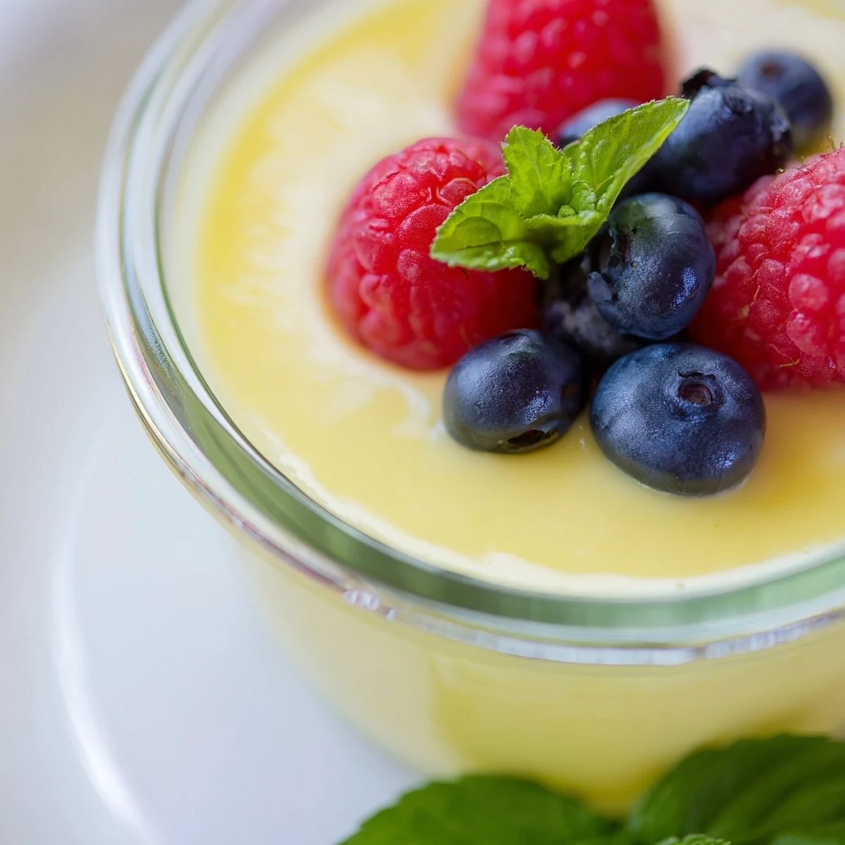 Silky lemon posset served in glass ramekins topped with fresh raspberries and mint