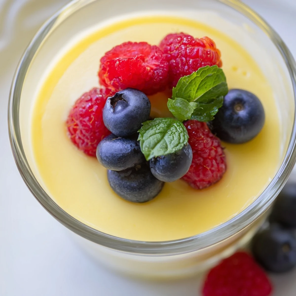 Golden lemon posset dessert chilled to perfection with zest garnish on white serving plate
