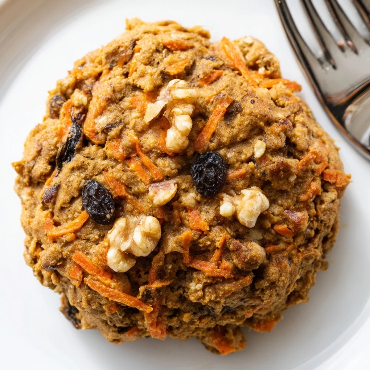 Soft spiced carrot cake cookies with visible carrot shreds and crunchy walnut pieces ready for serving