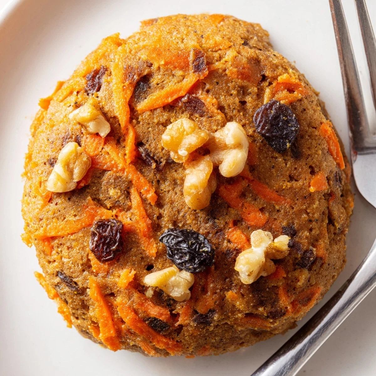 Golden brown chewy carrot cake cookies studded with grated carrots, walnuts, and raisins on a cooling rack