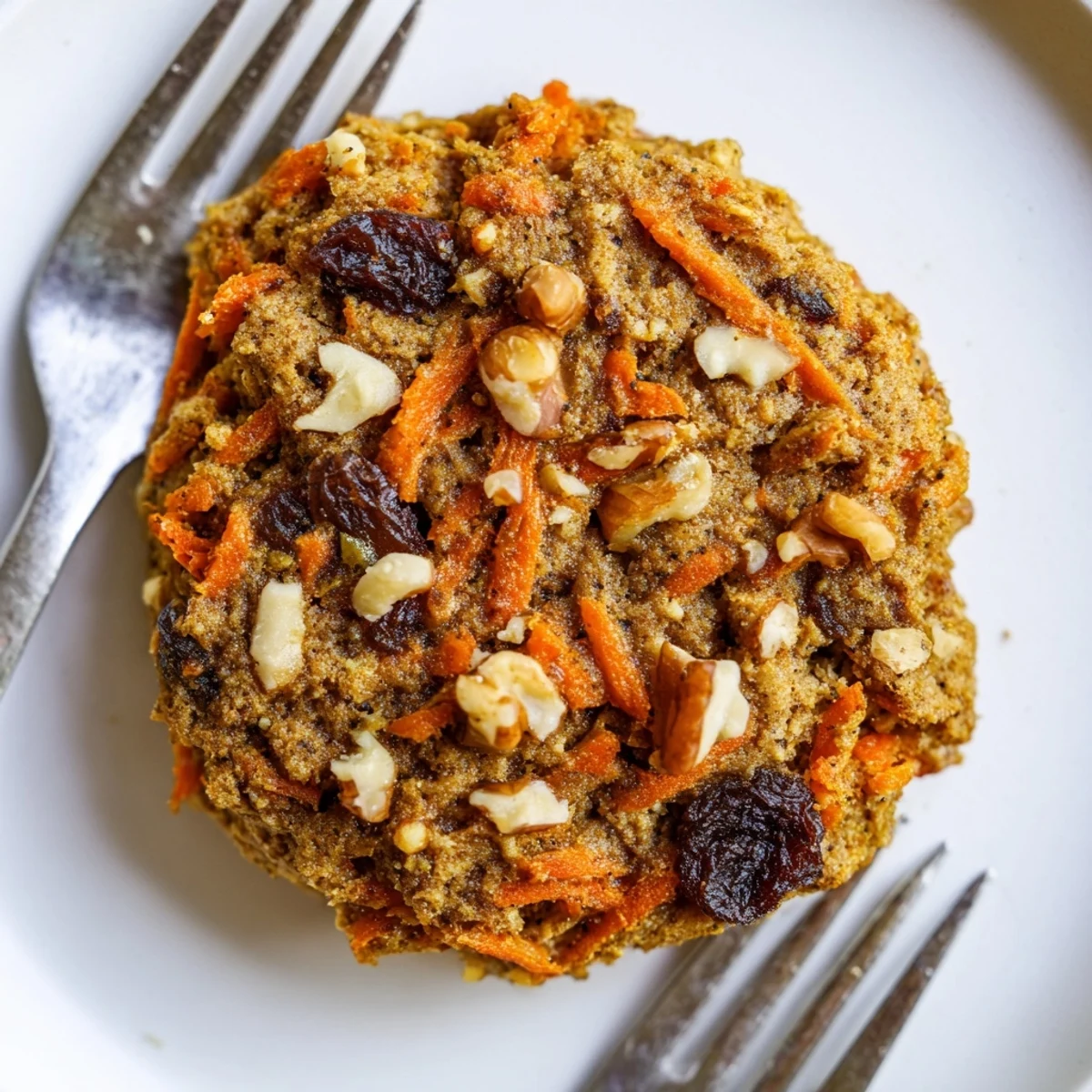 Stack of homemade carrot cake cookies showing soft texture with sweet raisins and toasted walnut bits