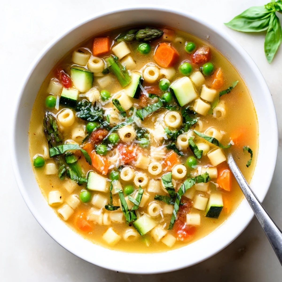 Bowl of spring minestrone soup brimming with colorful vegetables, pasta shells, and fresh green herbs