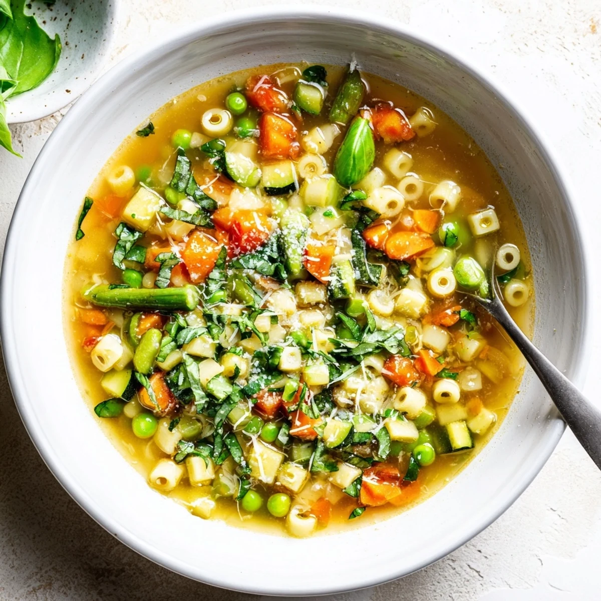 Creamy spring minestrone soup featuring tender asparagus, peas, and ditalini pasta in rich vegetable broth