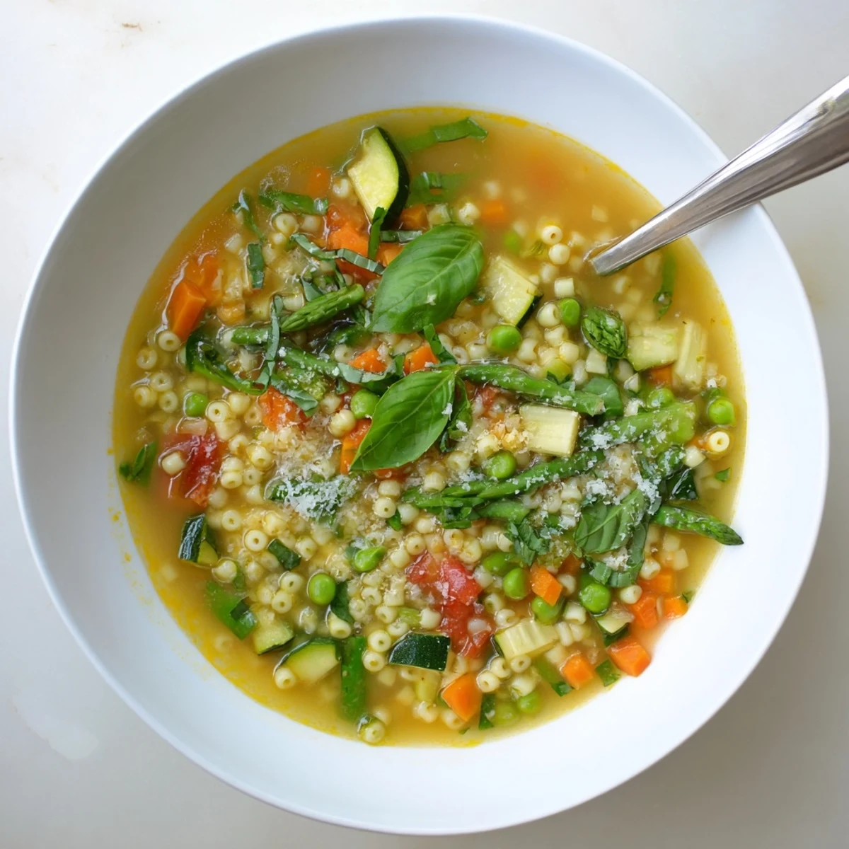 Homemade spring minestrone soup with zucchini, carrots, baby spinach, and a drizzle of olive oil