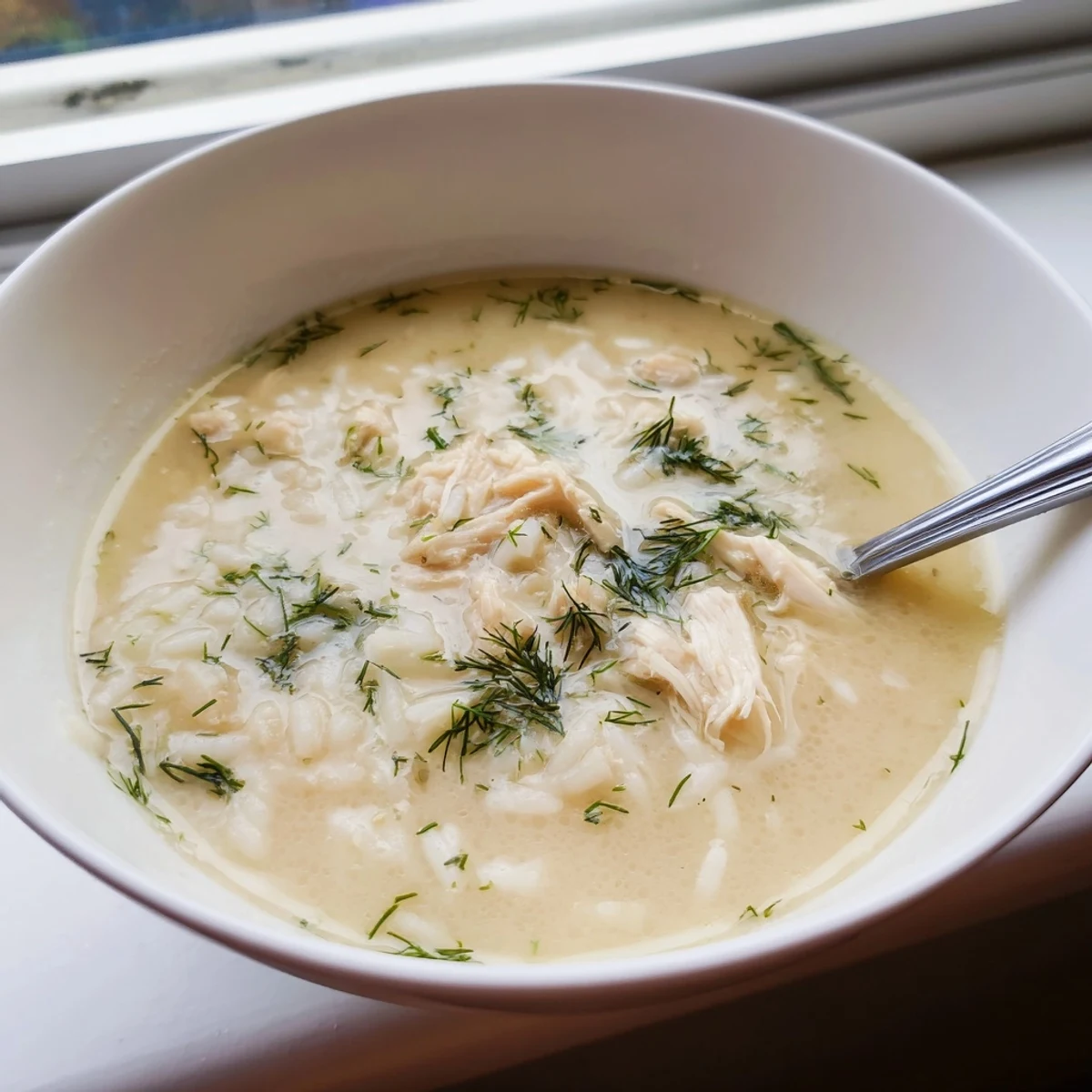 Golden bowl of Avgolemono Greek lemon chicken soup garnished with fresh dill and steaming with Mediterranean citrus aroma