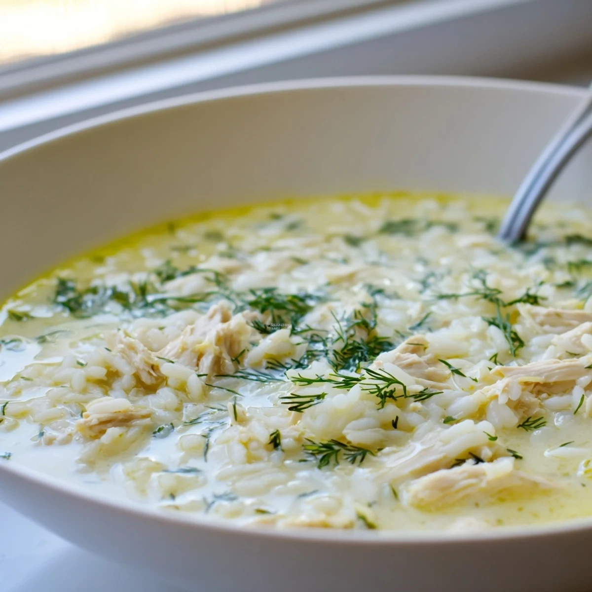 Creamy Avgolemono Greek lemon chicken soup with tender shredded chicken and fluffy white rice in a bright yellow broth