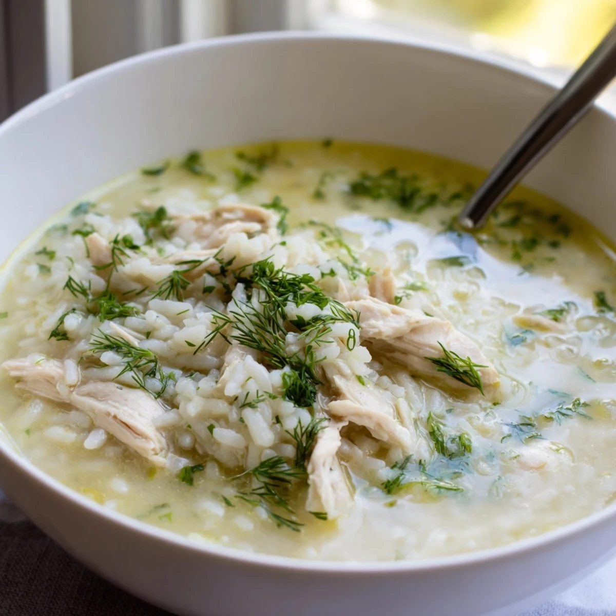 Homemade Avgolemono Greek lemon chicken soup featuring silky egg-lemon broth, rice, and succulent chicken pieces ready to serve