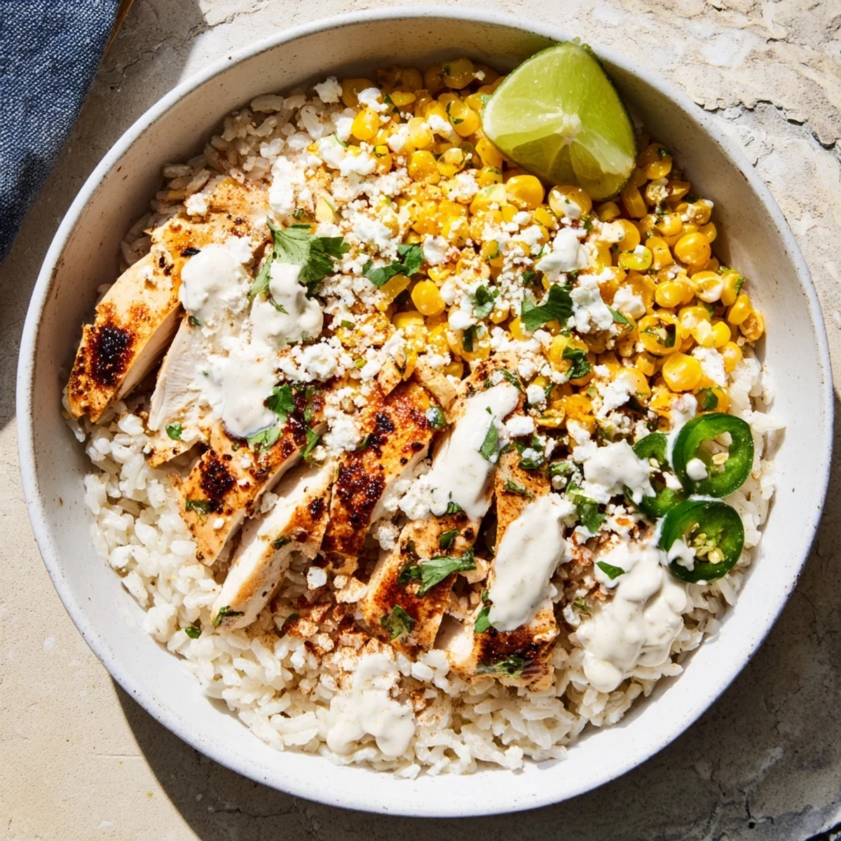 Colorful street corn chicken rice bowl topped with zesty crema and crumbled cotija cheese