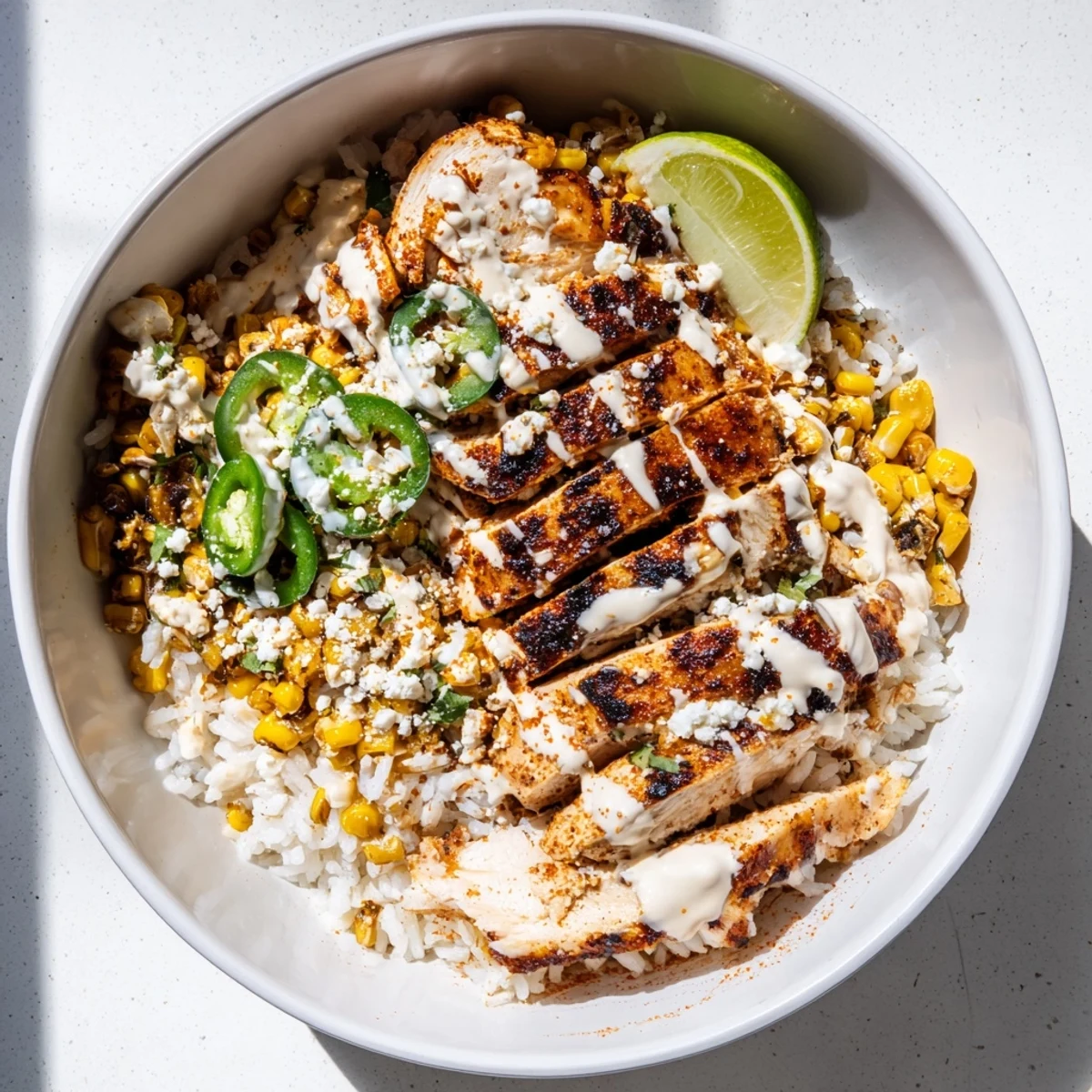 Sizzling street corn chicken rice bowl featuring grilled sliced chicken and charred corn kernels