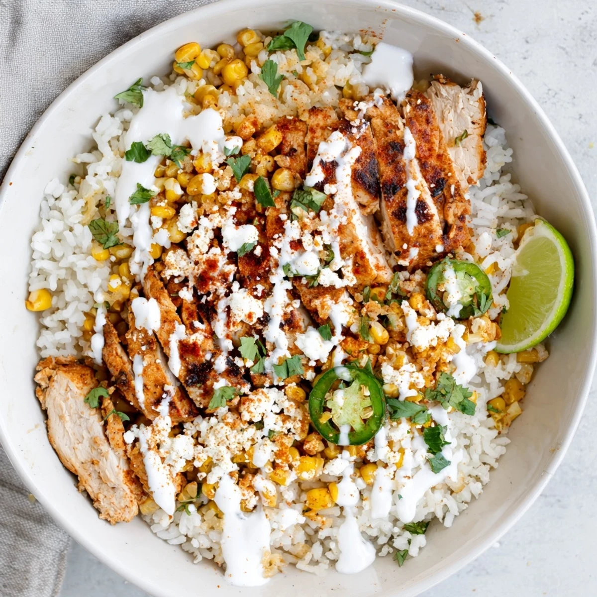 Hearty street corn chicken rice bowl drizzled with tangy lime crema and fresh cilantro