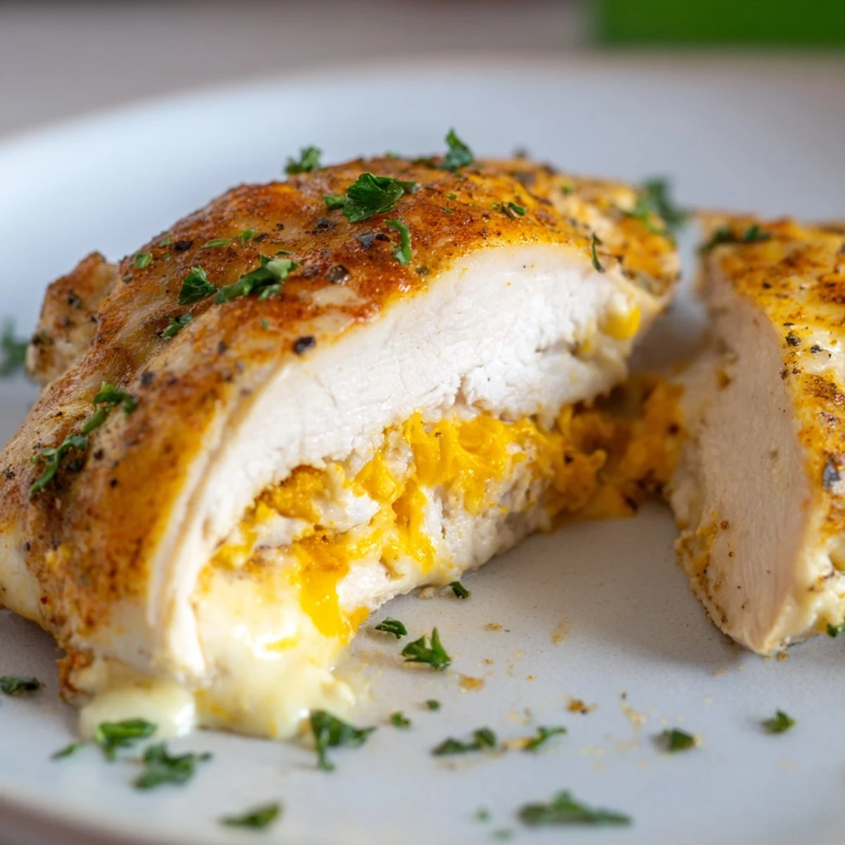 Golden brown Ruth's Chris stuffed chicken breast oozing melted mozzarella and cheddar cheese