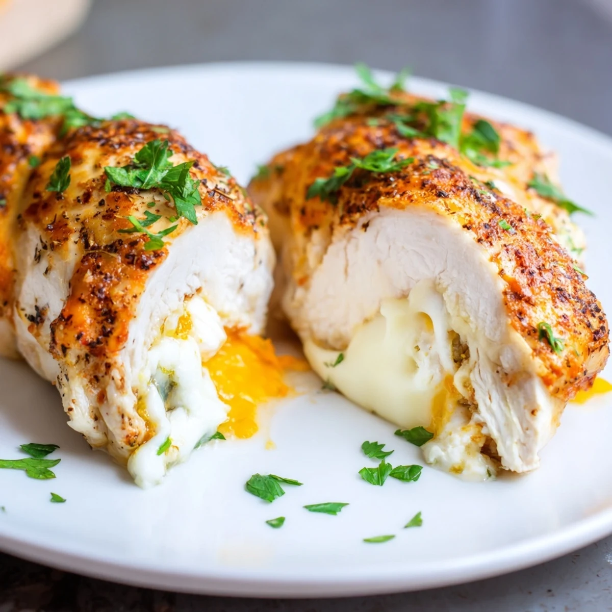 Juicy baked chicken breast stuffed with cream cheese filling and fresh herbs on a white plate