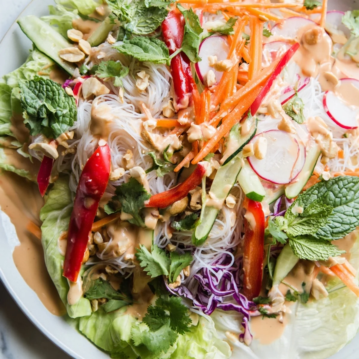 Vibrant Vietnamese-style spring roll salad with peanut dressing arranged in lettuce cups topped with chopped roasted peanuts