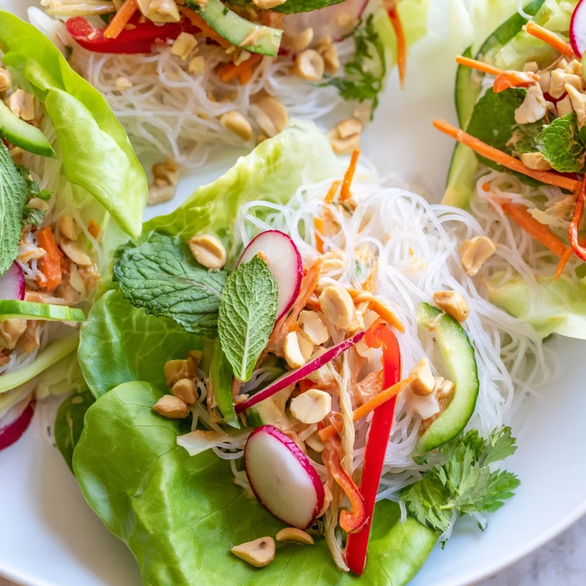 Colorful spring roll salad with peanut dressing featuring crisp vegetables, rice noodles, and fresh herbs on a white serving plate